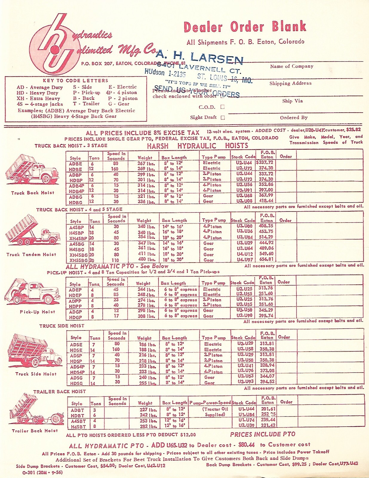 Farm Brochure – Harsh Hydraulic Truck Hoist – c1952-57 – 6 items (F8214)