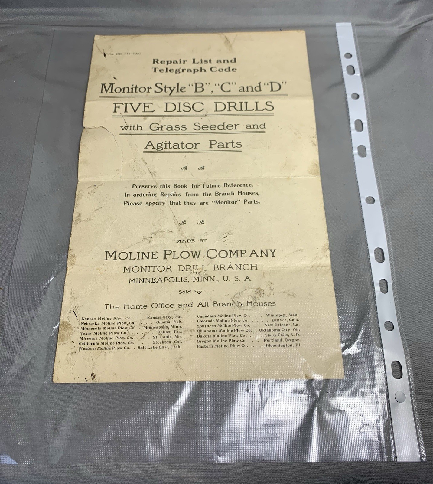 Moline Plow Company Monitor Style “B”, “C” and “D” Five Disc Drills Repair List