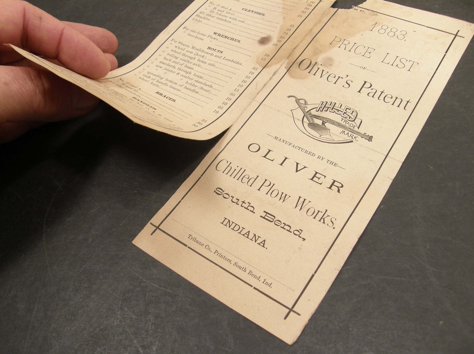 ANTIQUE 1883 PRICE LIST OLIVER AGRICULTURAL PLOW WORKS SOUTH BEND INDIANA