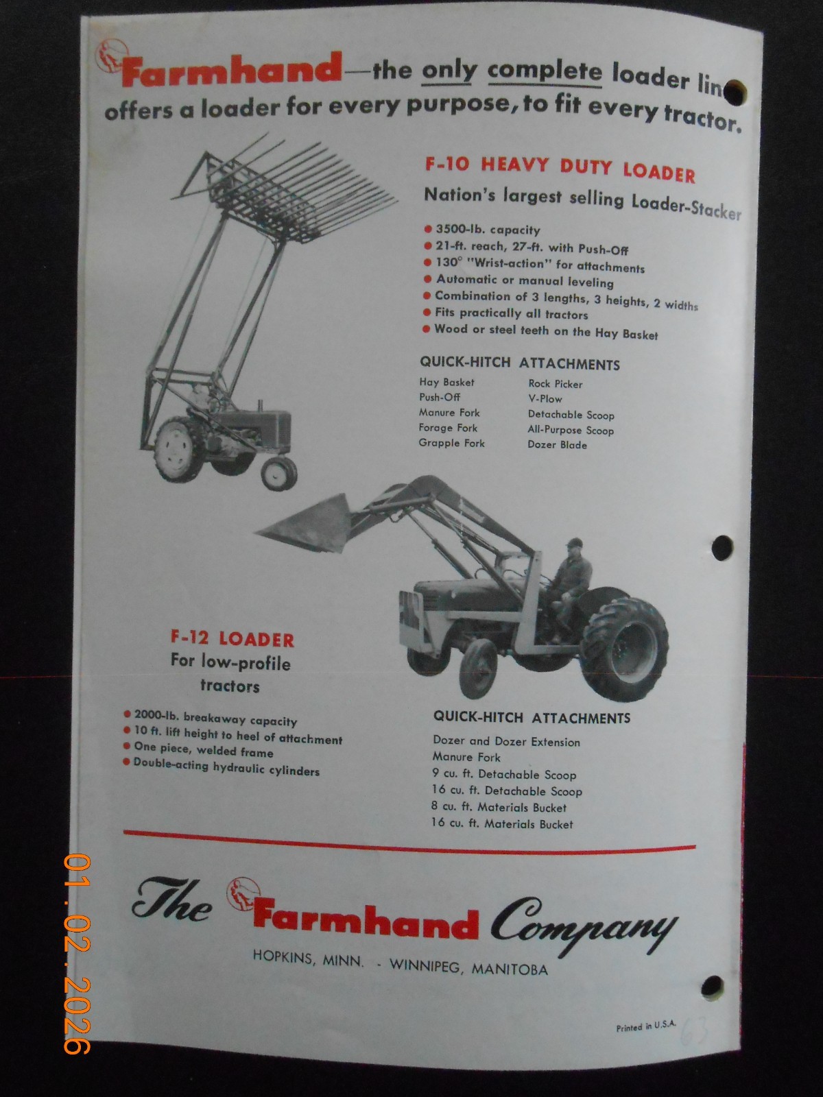 1963 Farmhand Company Loaders F11 F14 F15 Brochure 8 pgs Hopkins MN Winnipeg MB