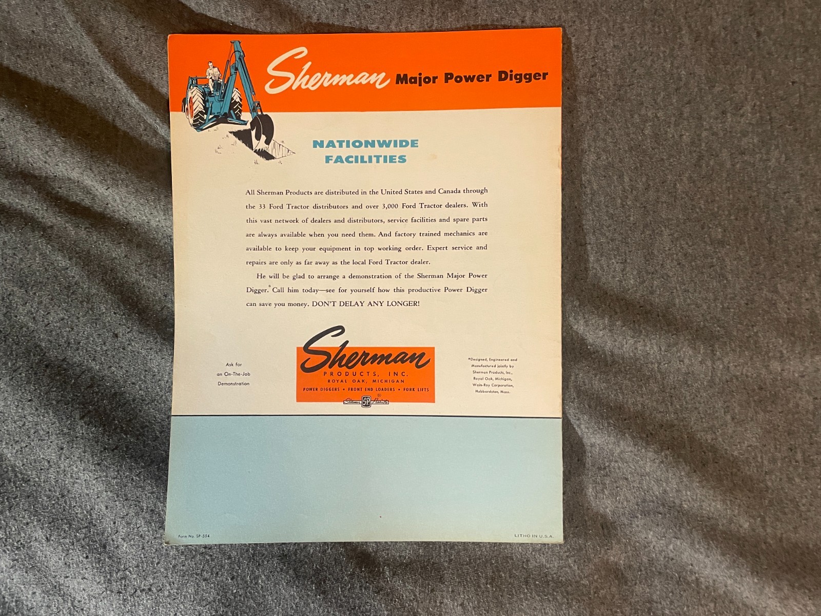 1950’s Sherman Products Major Powder Digger Tractor Brochure Fordson Major