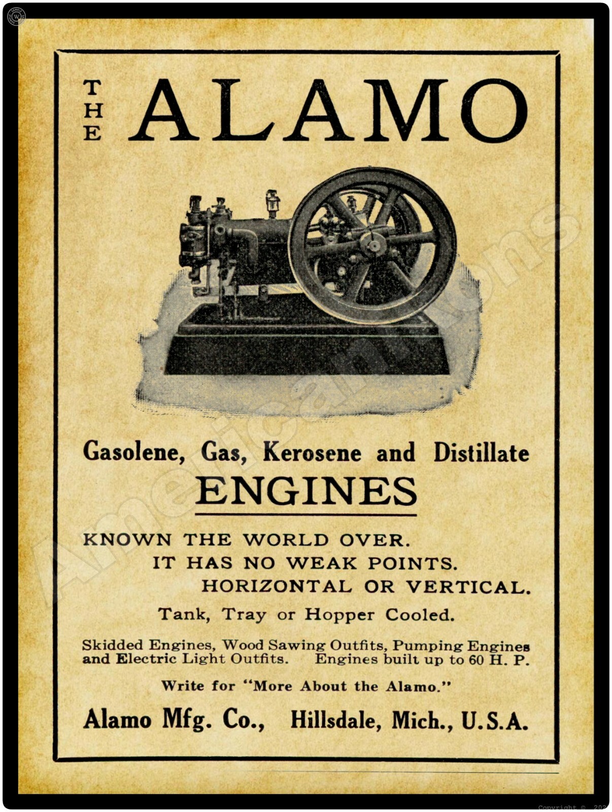 1911 Alamo Manufacturing Co. Gas Engines New Metal Sign: Hillsdale, Michigan