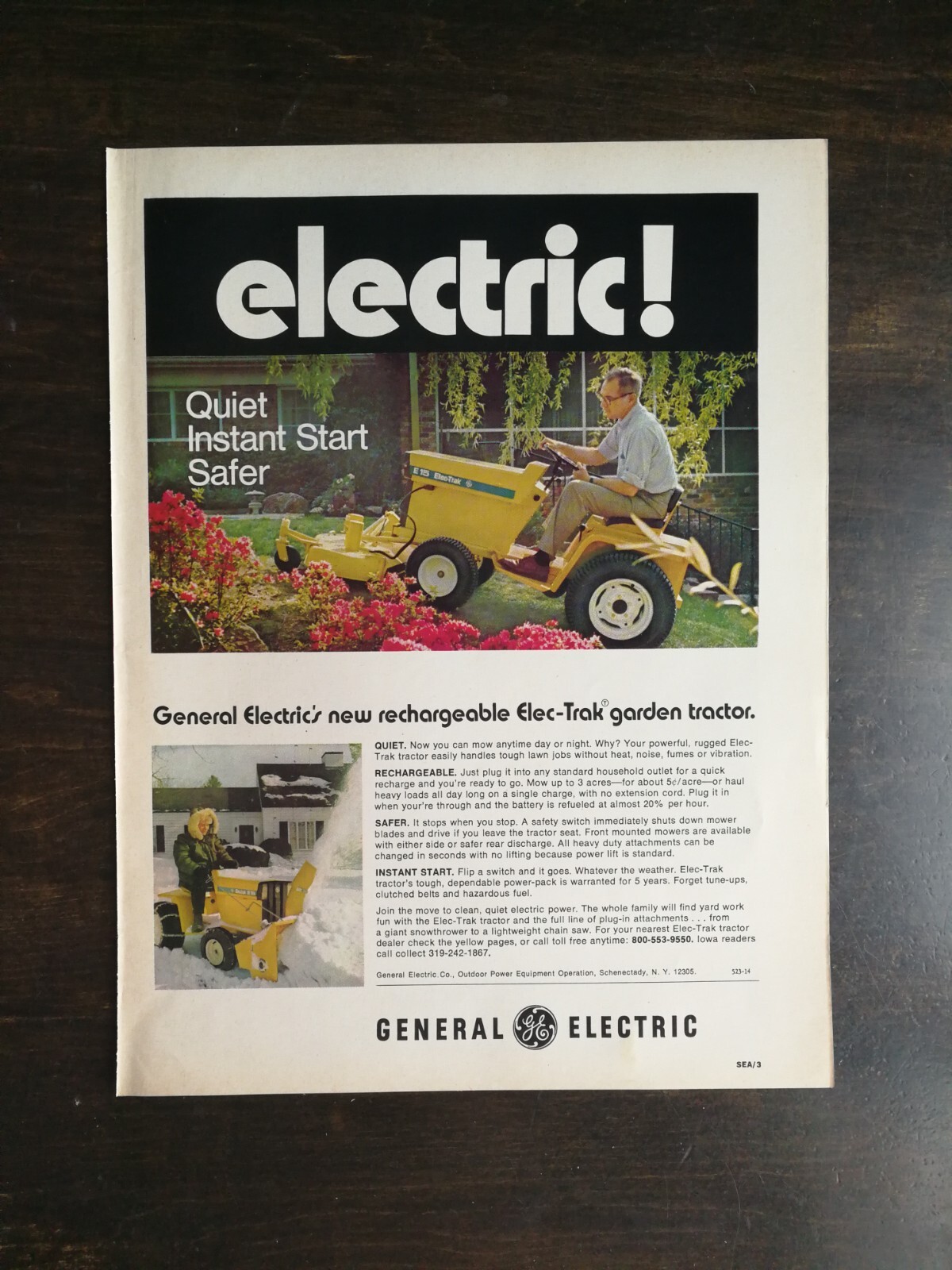 Vintage 1971 General Electric Elec-Trak Garden Tractor Full Page Original Ad 823