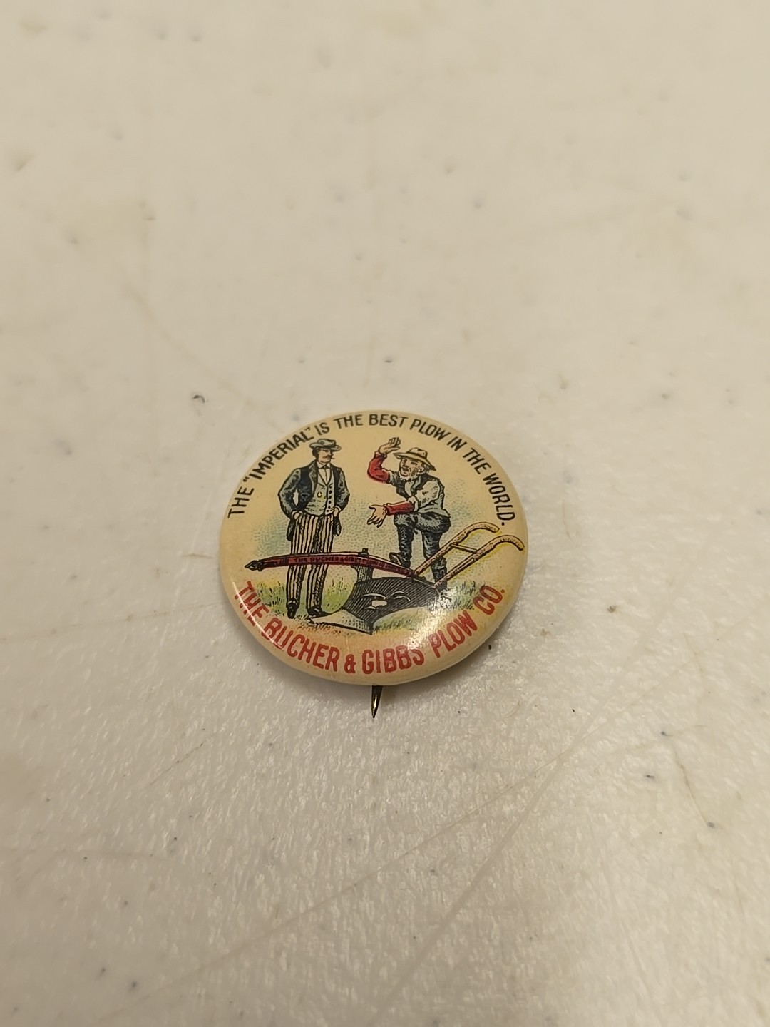 Antique 7/8″ Bucher & Gibbs Imperial Plow Advertising Celluloid Pinback