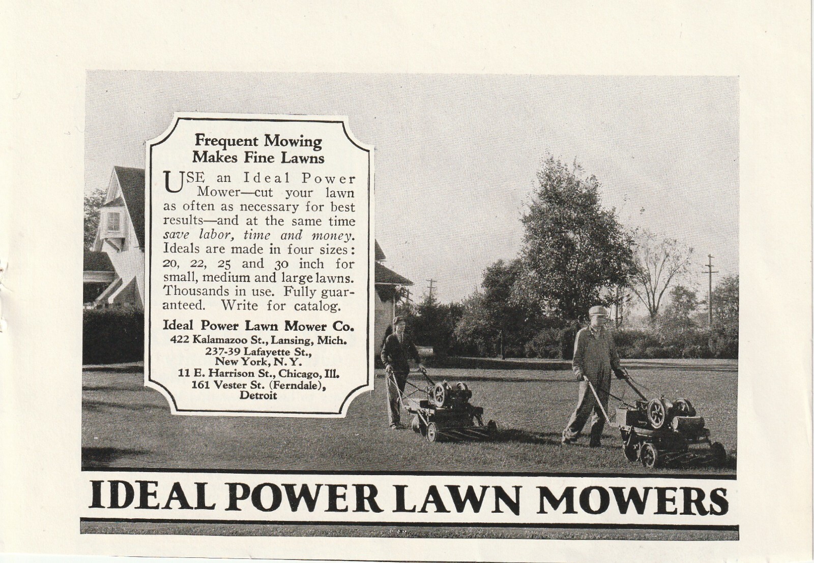 1927 Ideal Power Lawn Mower: Frequent Mowing Vintage Print Ad