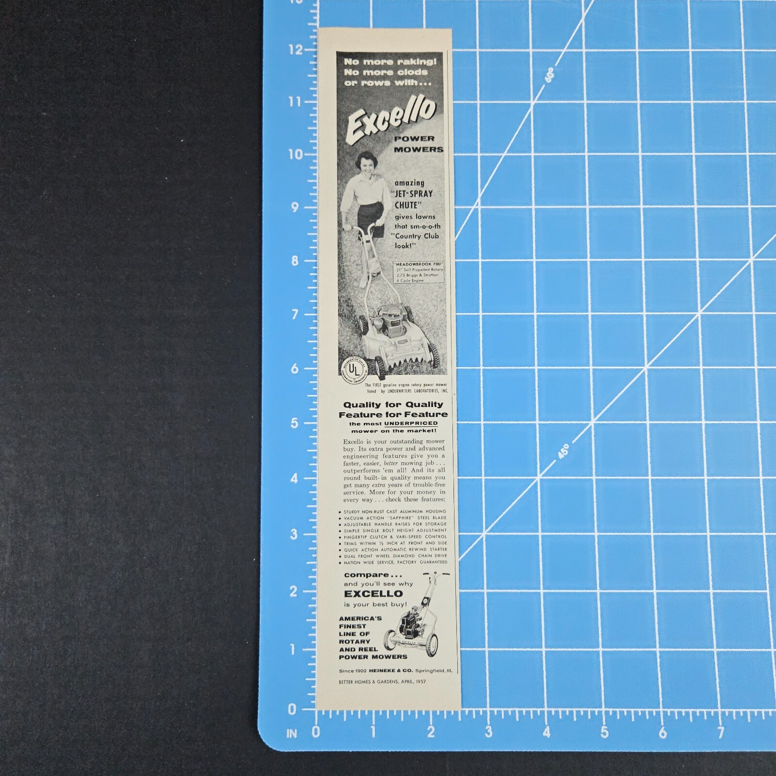 1957 Excello Power Mowers Vintage Print Ad Jet Spray Chute Lady Springfield IL