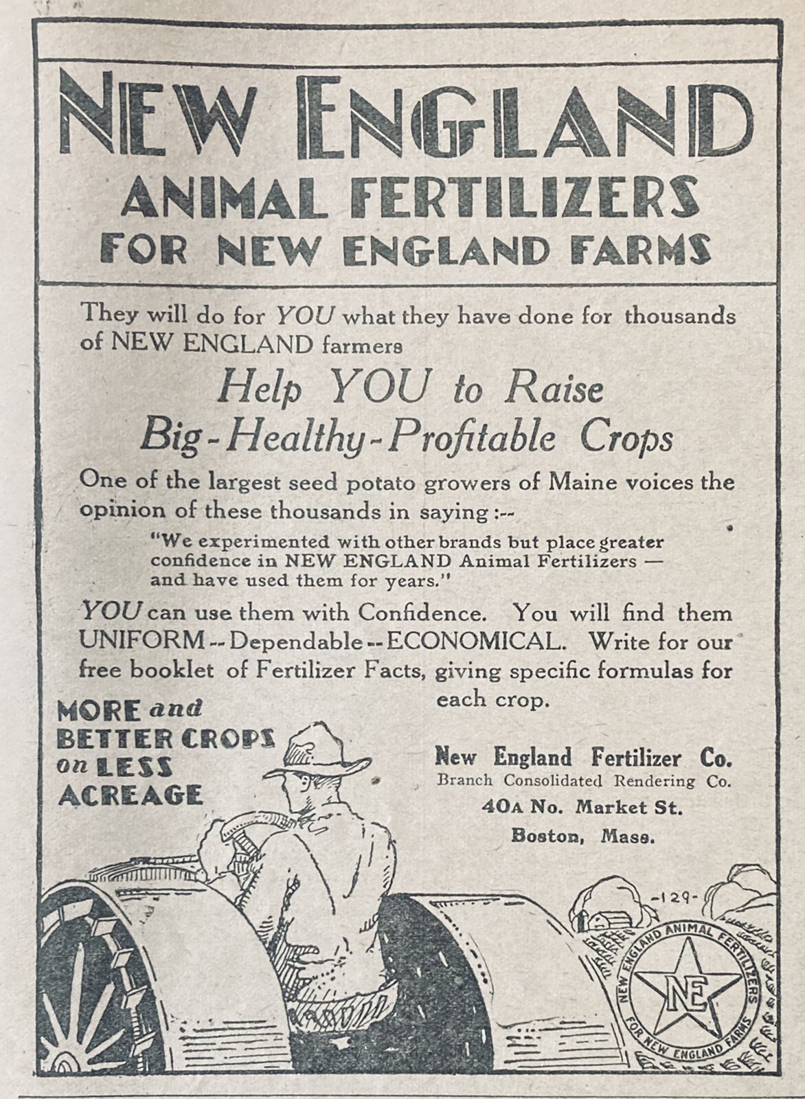 1928 AD.(XH40)~NEW ENGLAND FERTILIZER CO. BOSTON. N.E. ANIMAL FERTILIZERS