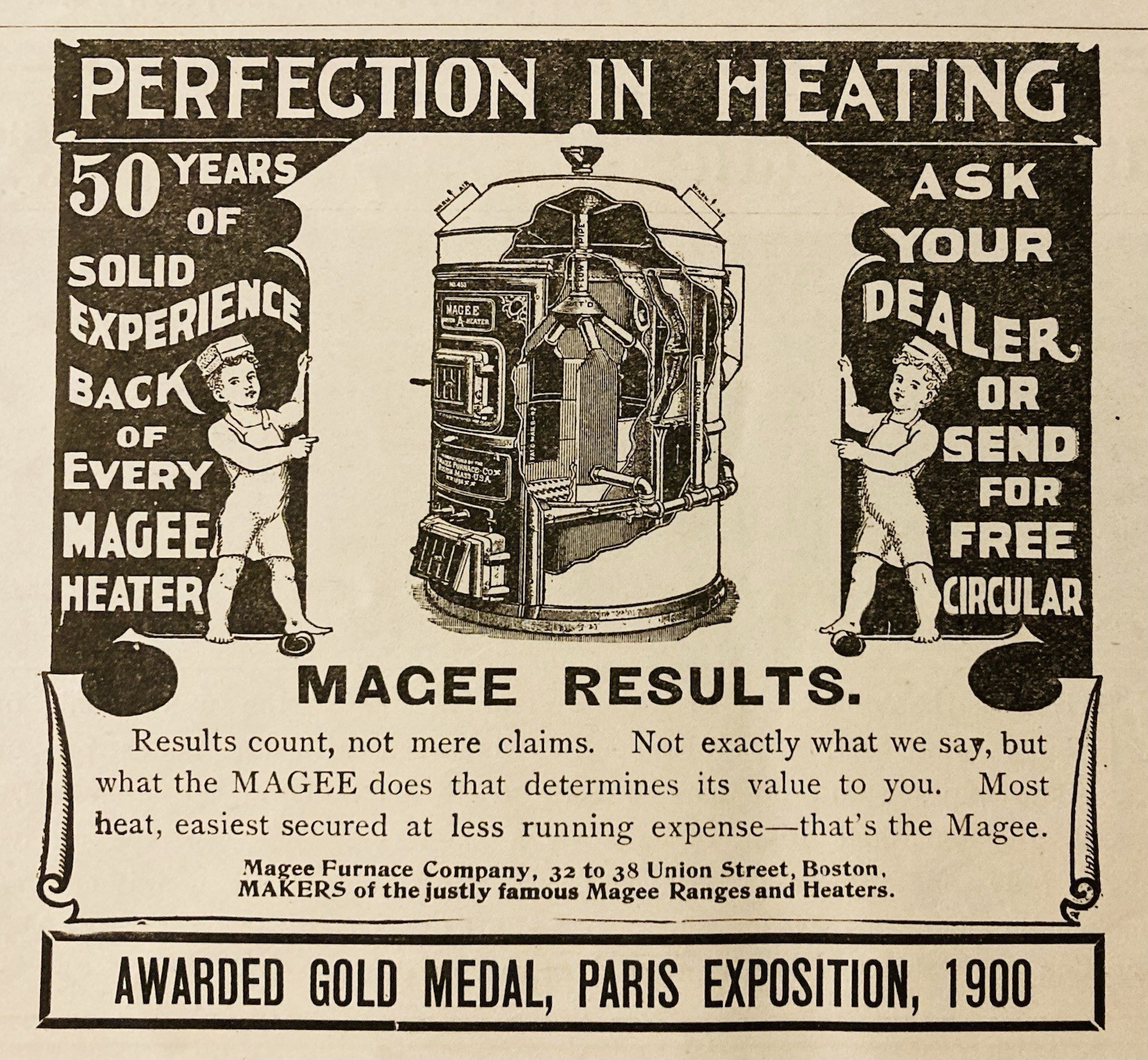 1900 AD.(PC5)~MAGEE FURNACE CO. UNION ST. BOSTON. AWARDED GOLD MEDAL PARIS EXPO.