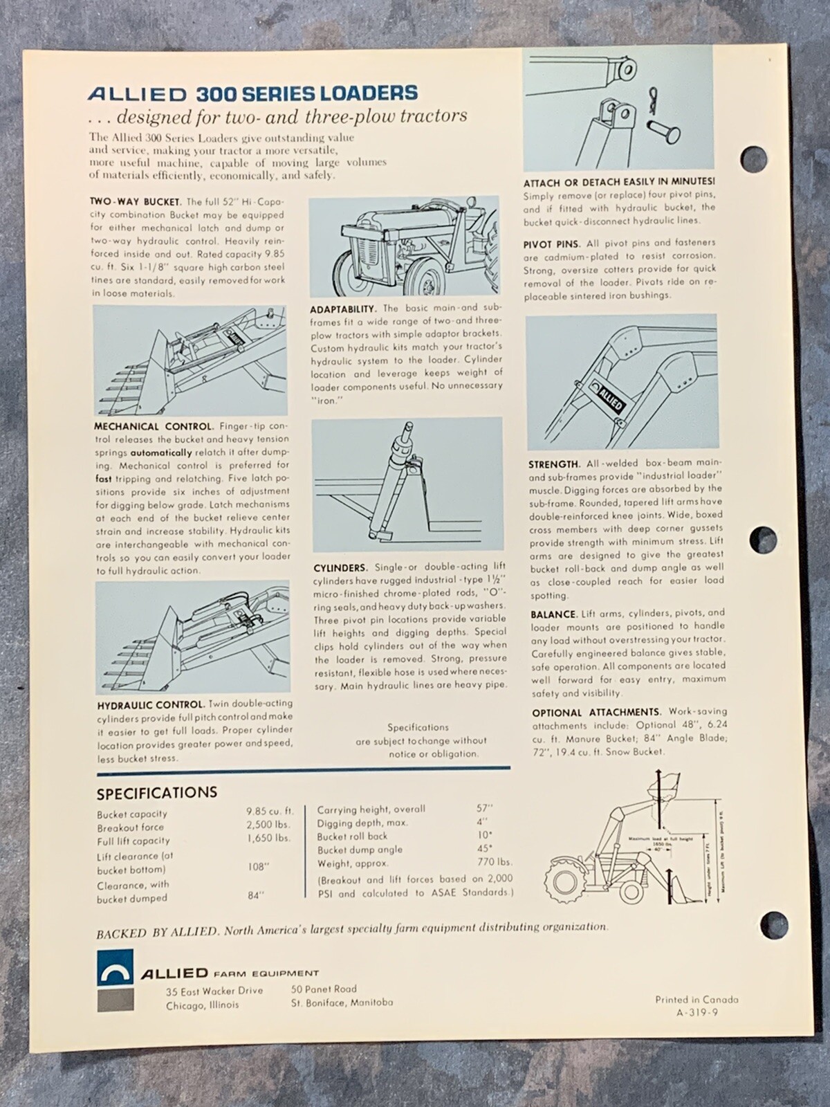Allied 300 Series Loaders~ Chicago IL ~Sales Information Catalog Page~ Vintage