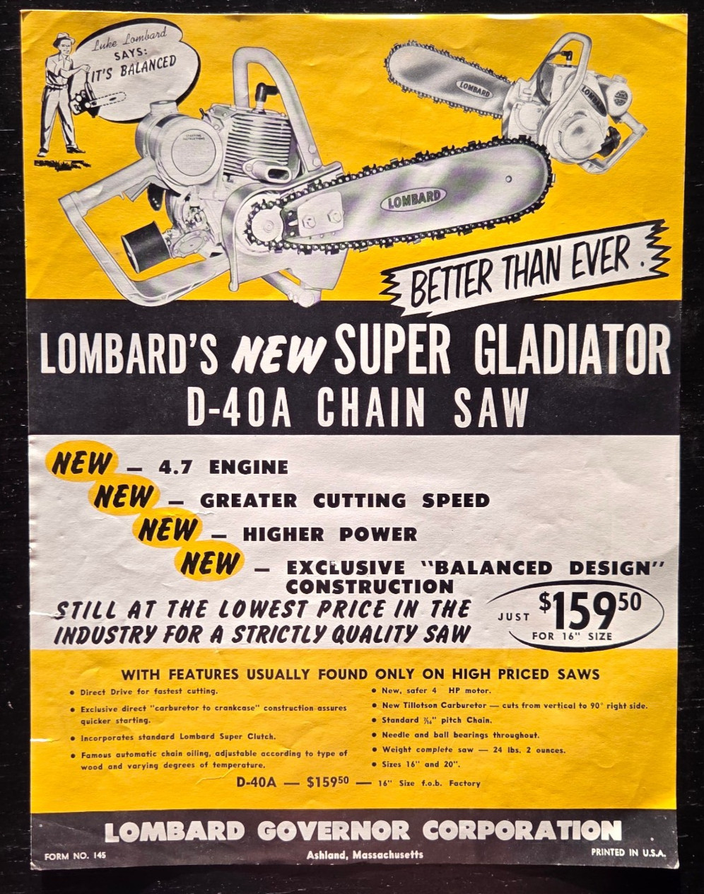 1959 LOMBARD’S SUPER GLADIATOR D-40A CHAIN SAW ADVERTISEMENT ASHLAND MASS.