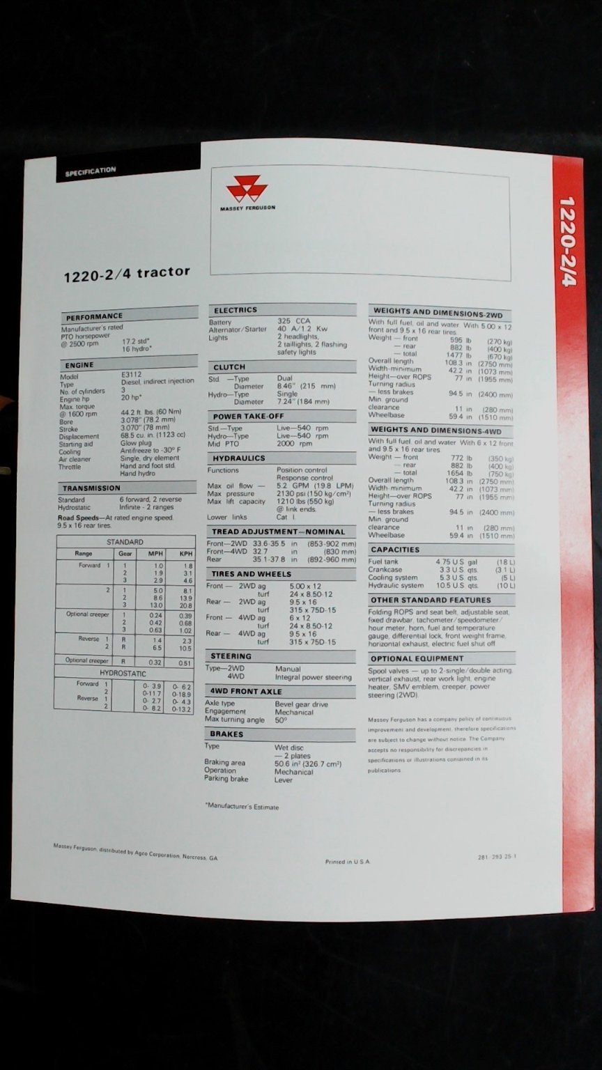 Massey Ferguson 1220-2/4 Compact Tractor Vintage Brochure 20 HP
