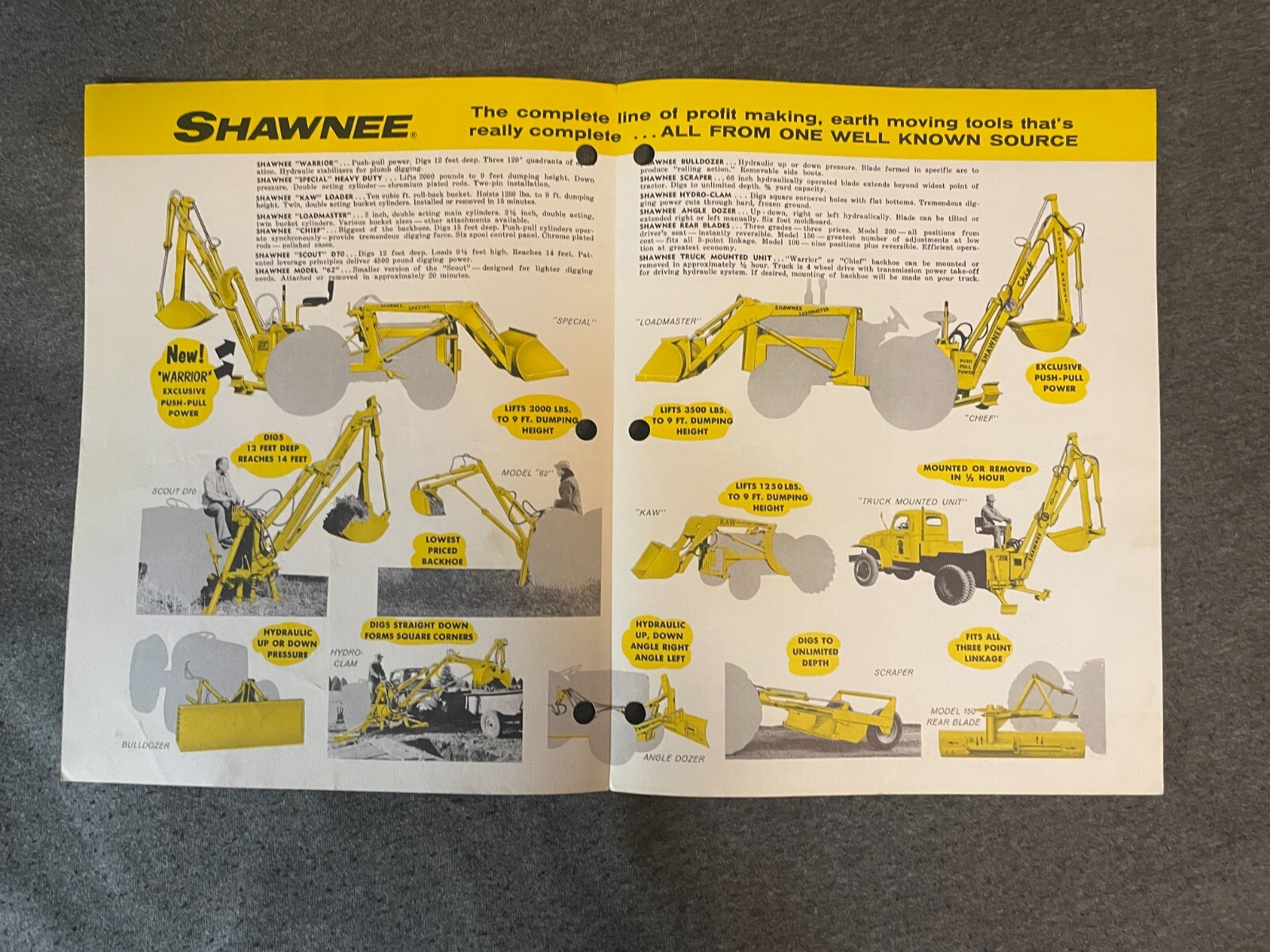 1950’s Shawnee Earth Moving Equipment Brochure Tractors Scrapers Backhoes Loader