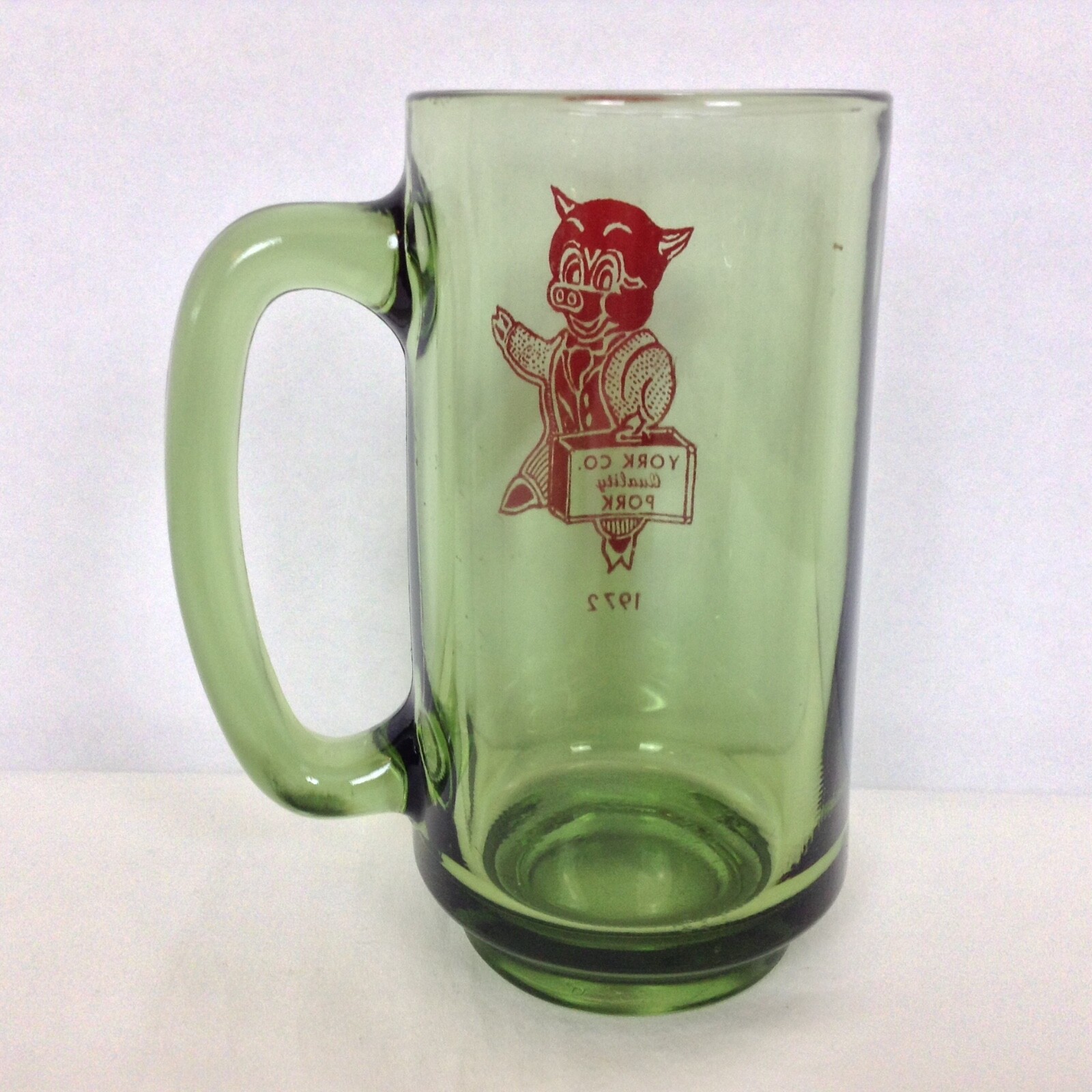 Vintage 1972 York Co Quality Pork PIG in A Suit Green Glass York Pennsylvania