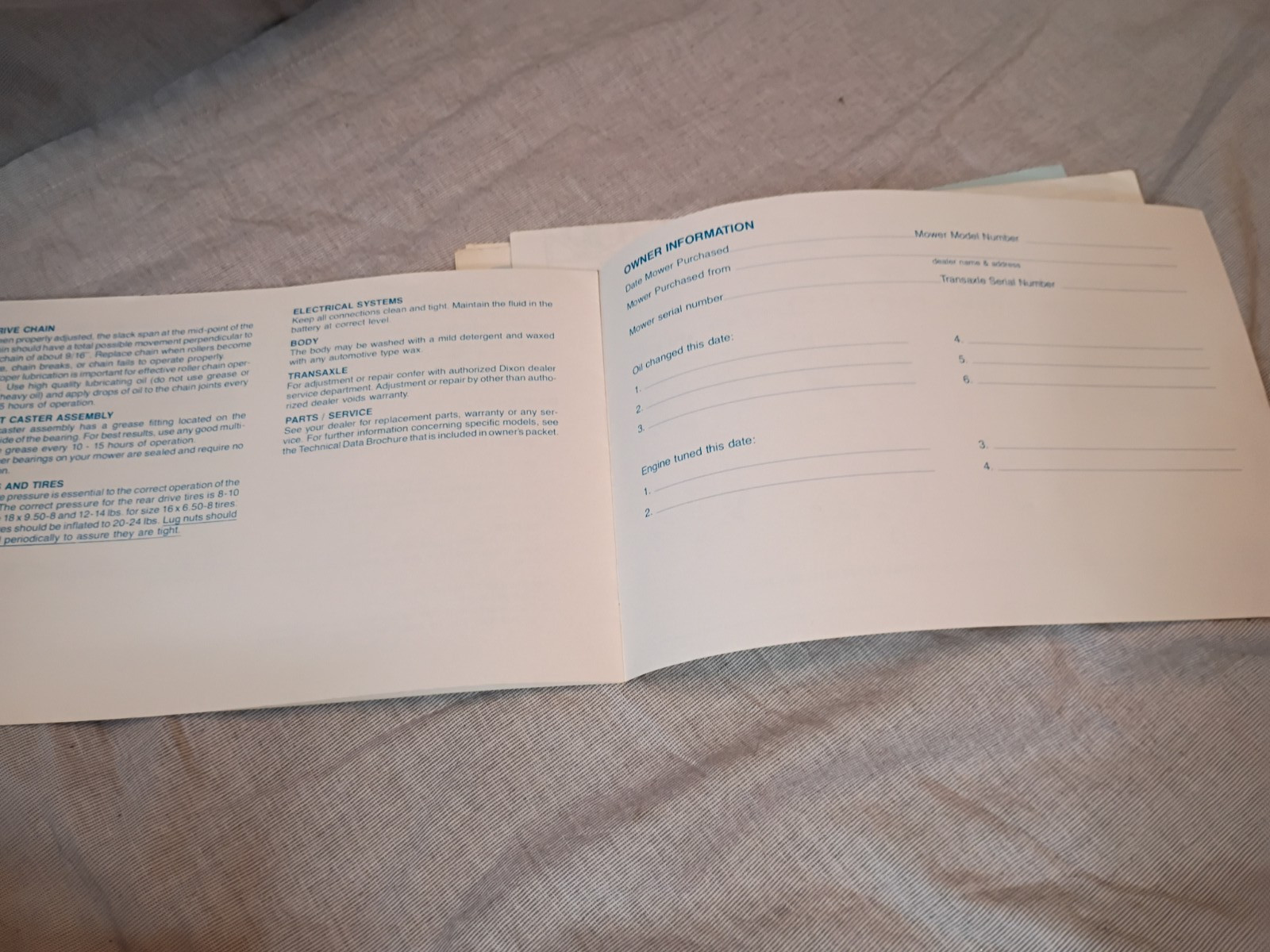 Dixon Zero Turn Mower ZTR-426 Operator’s manual and repair sheets VTG