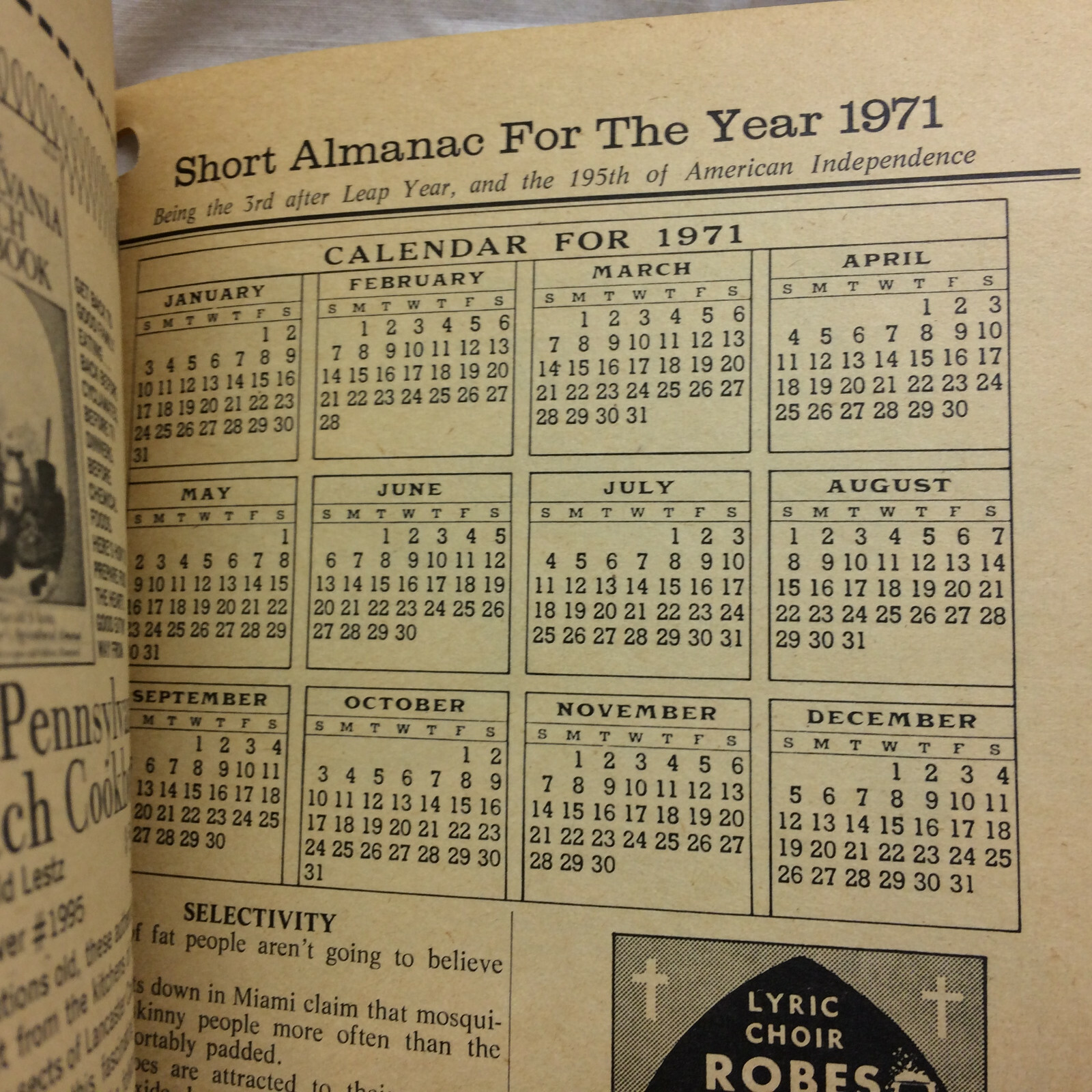 Vintage 1971 Baer’s Agricultural Almanac Lancaster, PA
