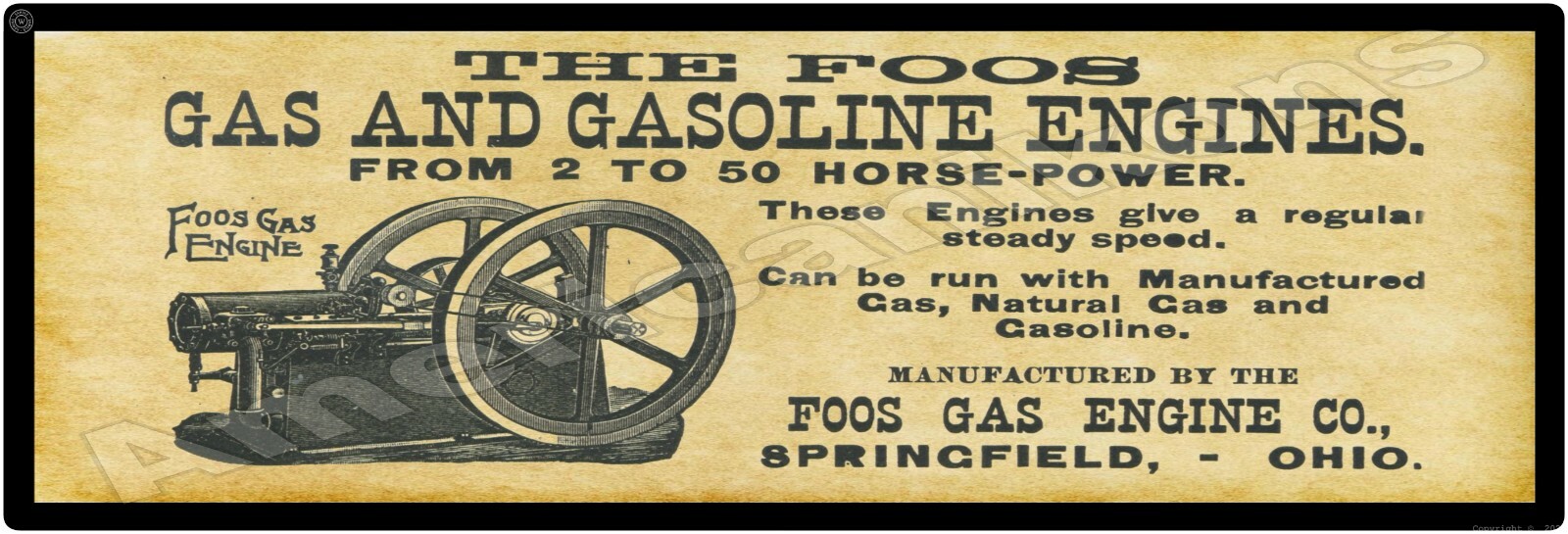 1895 Foos Gas Engine Co. New Metal Sign: Springfield, Ohio – 6″ x 18″ Long