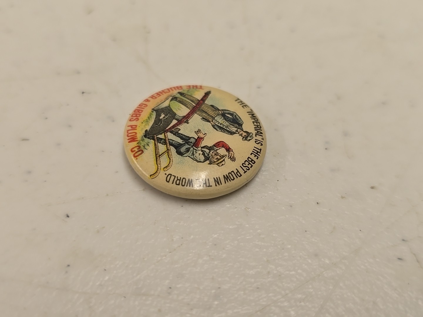 Antique 7/8″ Bucher & Gibbs Imperial Plow Advertising Celluloid Pinback