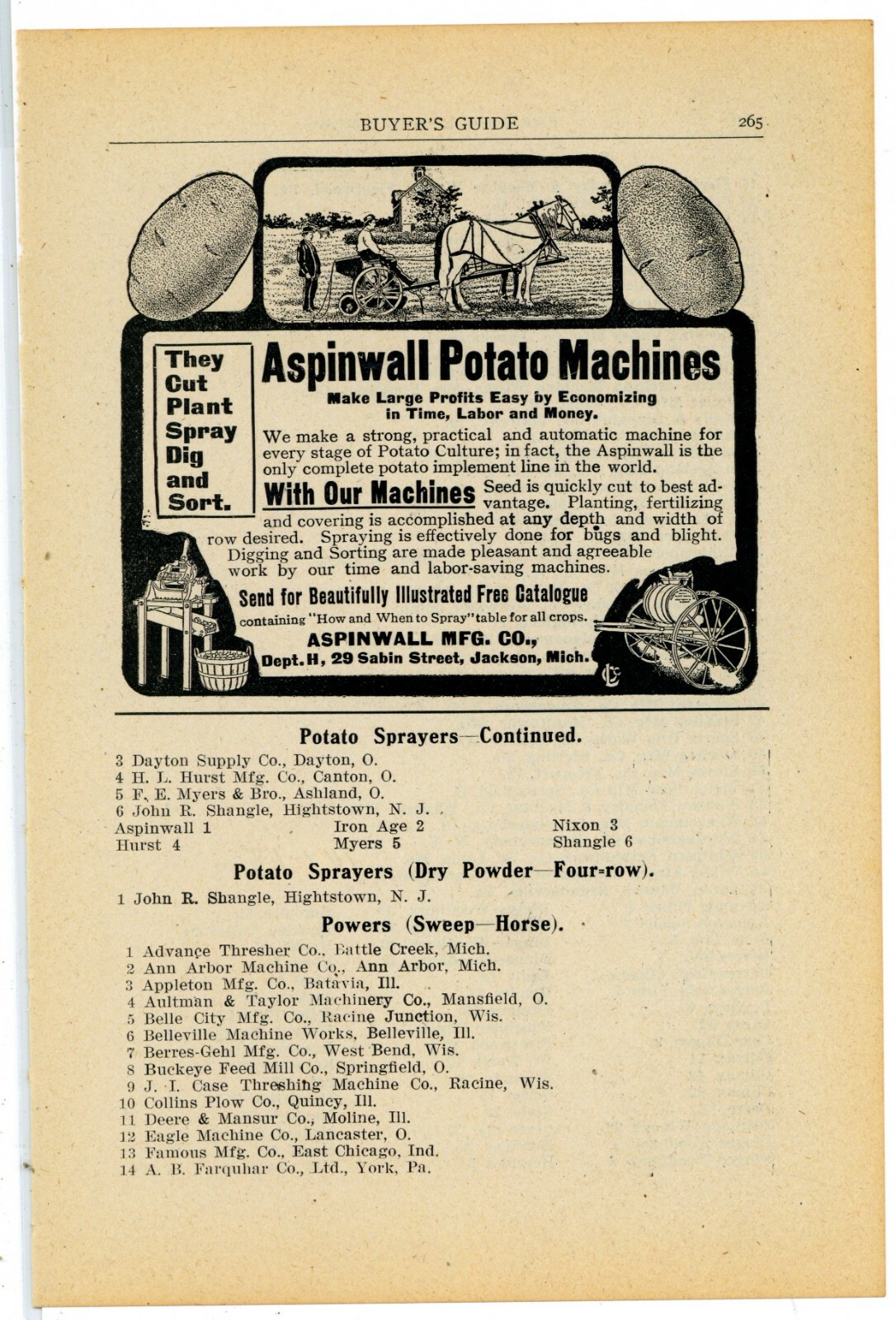 1905 Aspinwall Mfg. Co. Ad: Potato Machines – Jackson, Michigan