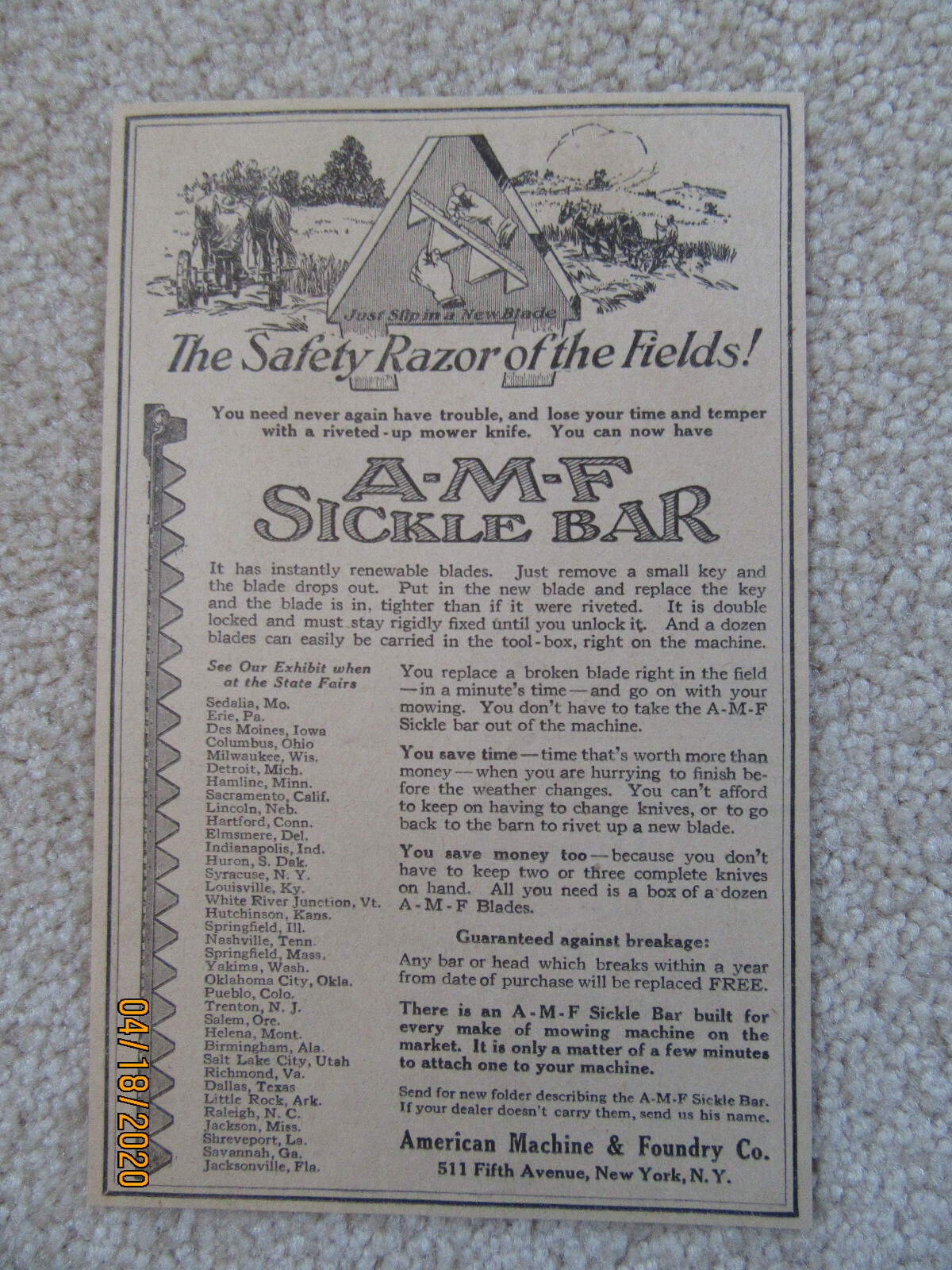 1922 Original Ad – A-M-F Sickle Bar for Farm, Renewable Blades for Mowing Fields