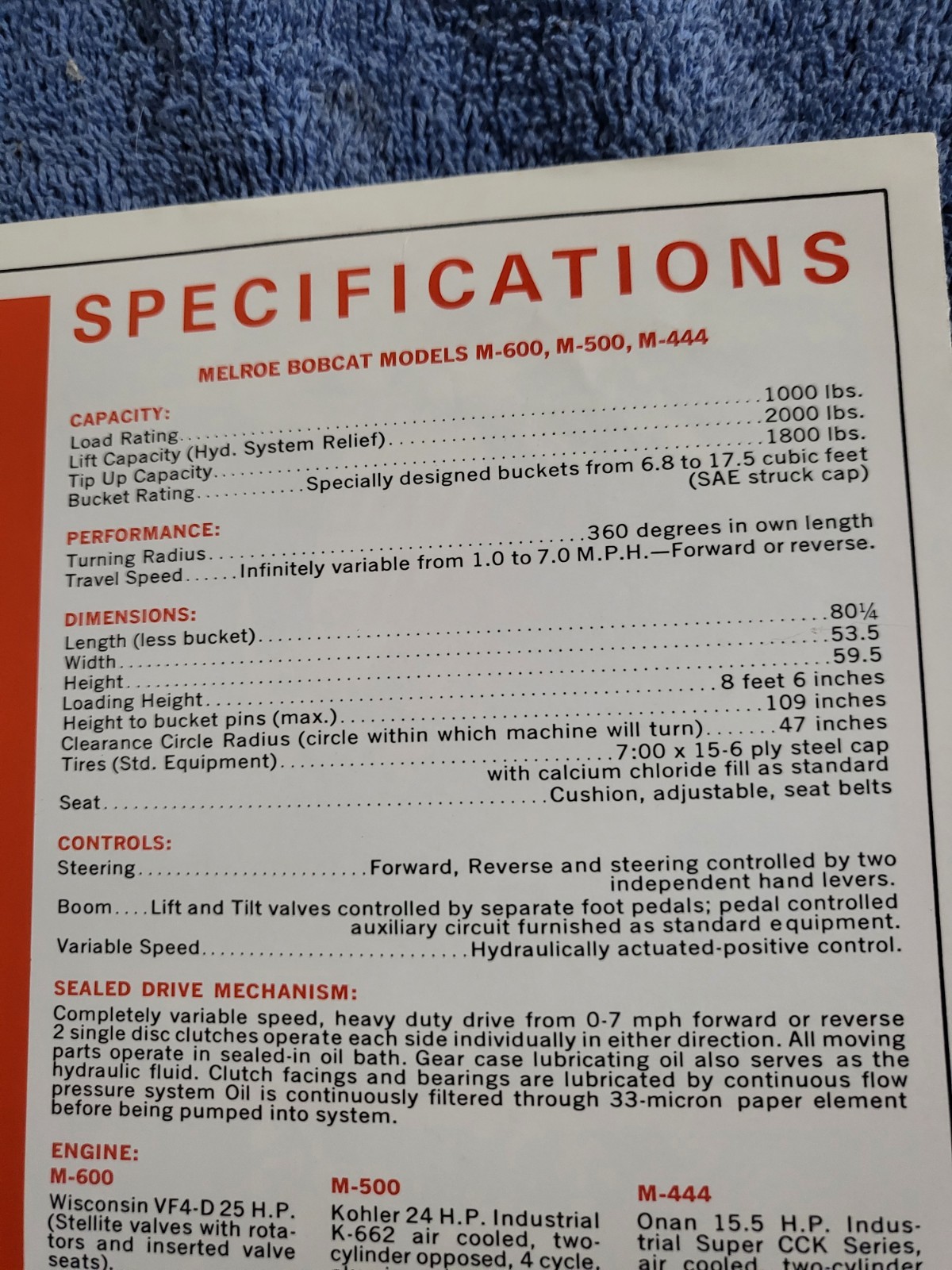 BROCHURE Vintage Melroe Bobcat M44 500 600 Skid Steer Loader Onan Kohler Wi 1966