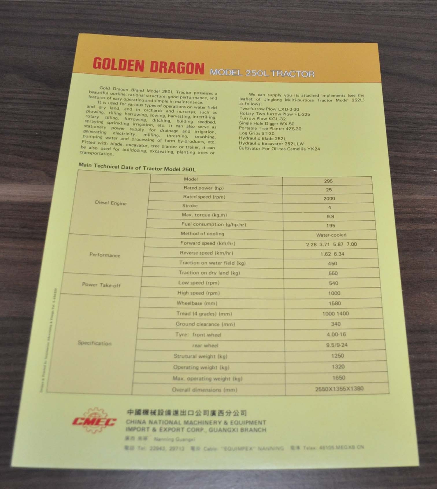 CMEC 250L Golden Dragon Tractor China Specification Brochure Prospekt