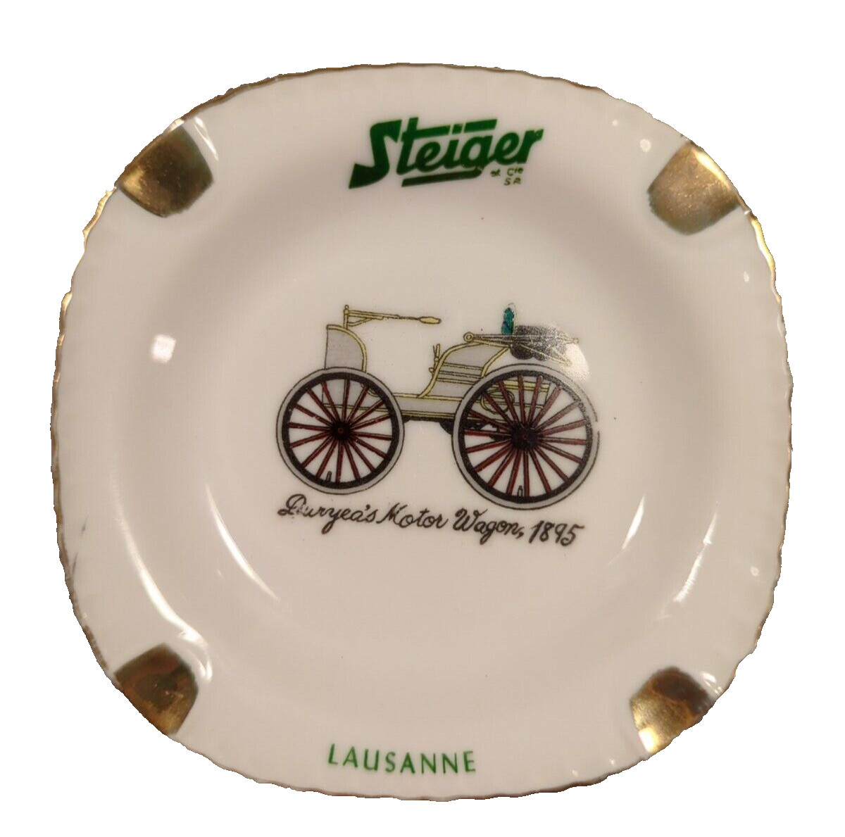 Steiger Ceramic Ash Tray, Duryea’s Motor Wagon. “Lausanne” Gold Color Edging