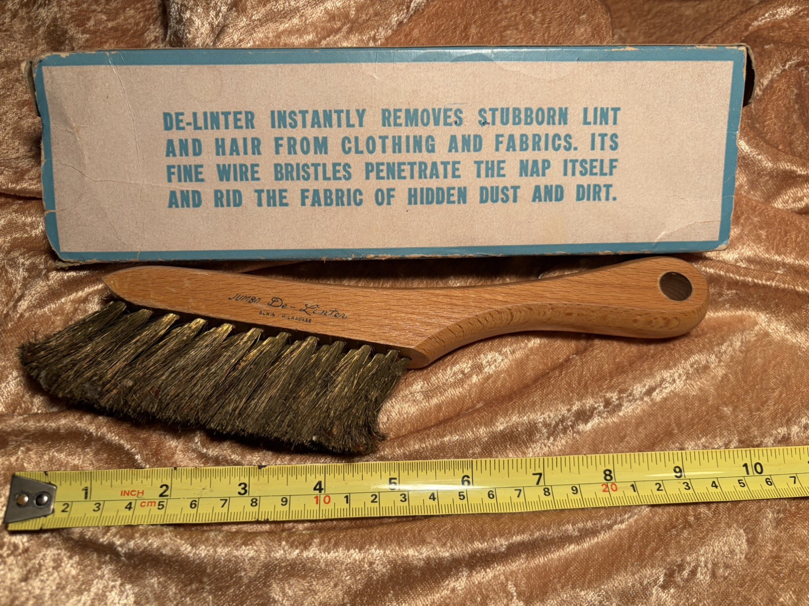 Vintage Advertising delinter wire bristles Jumbo wood handle 9” clothes fabric