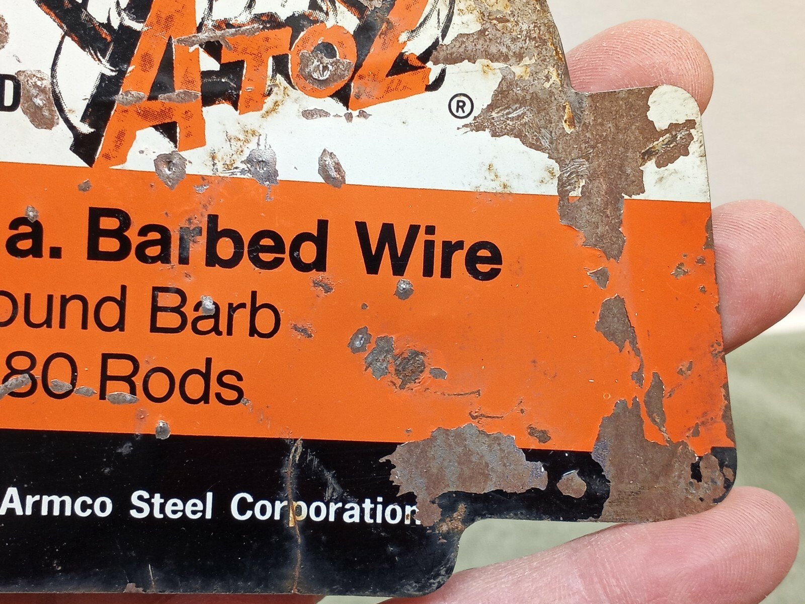 Vtg SHEFFIELD A to Z BARBED WIRE FENCE TIN METAL SIGN USA ARMCO STEEL CORP.