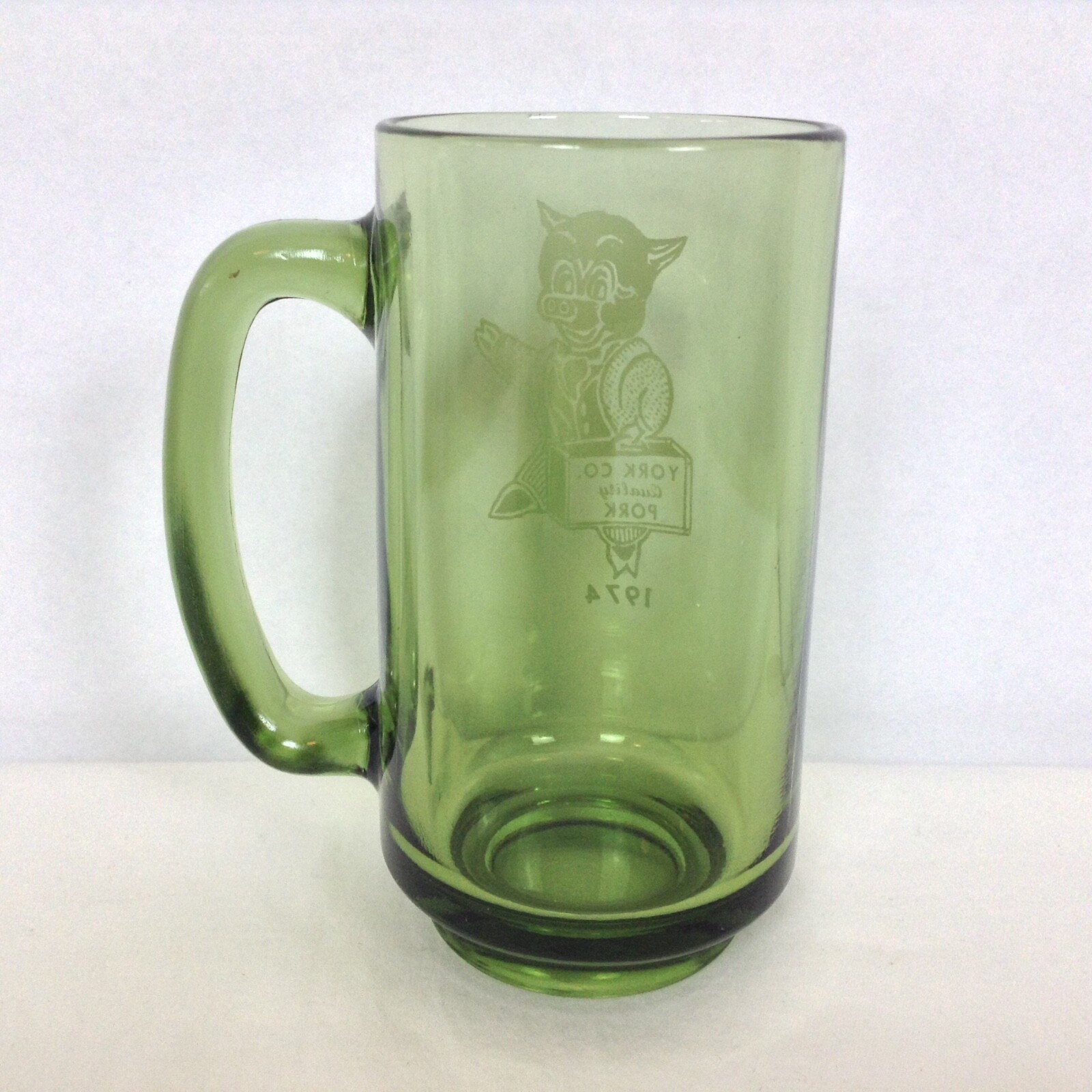 Vintage 1974 York Co Quality Pork PIG in a Suit Green Glass York Pennsylvania