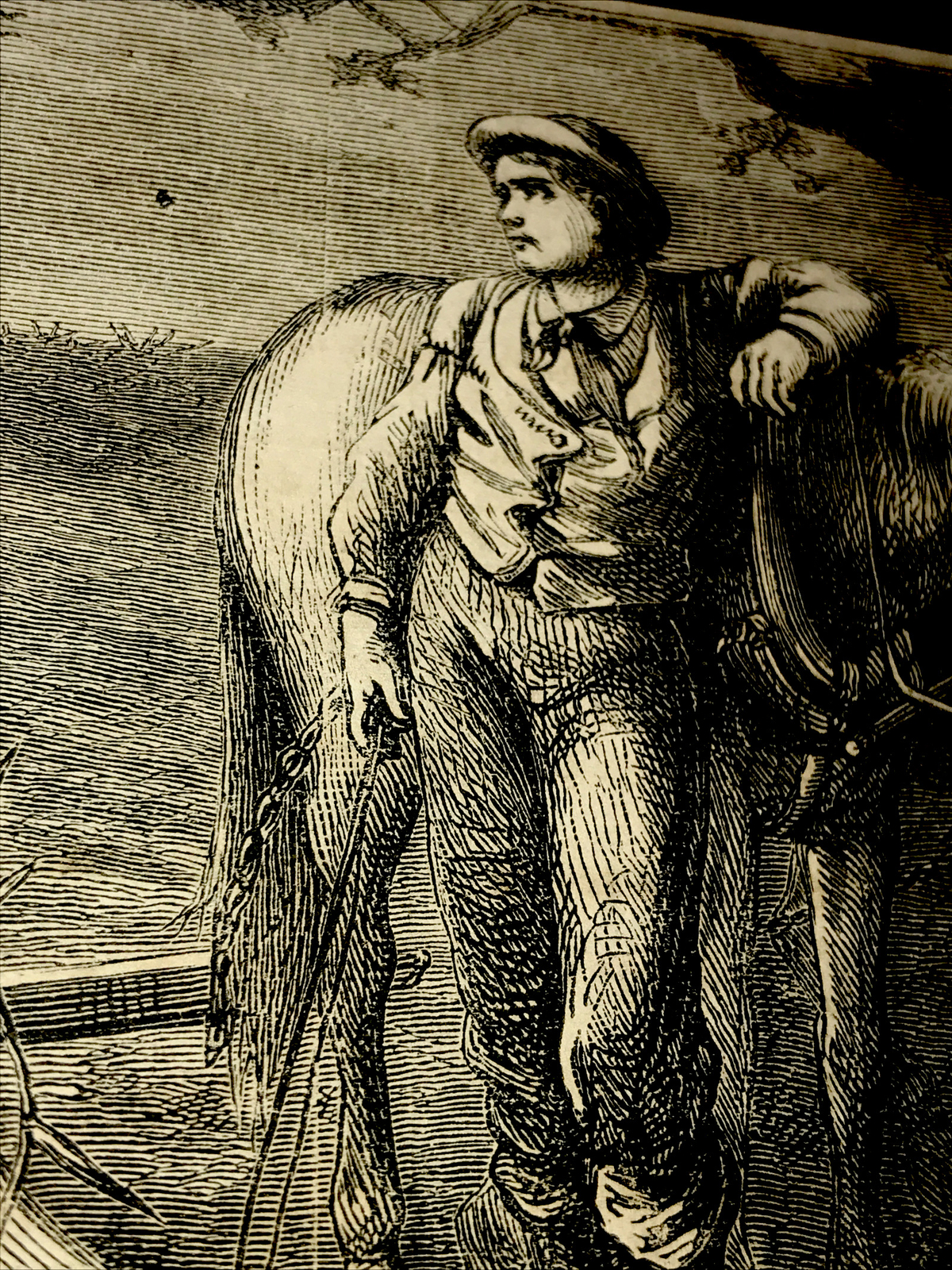 ORIGINAL 1872 A TALK WITH A PLOWMAN Plow Farm Engraving Advertising