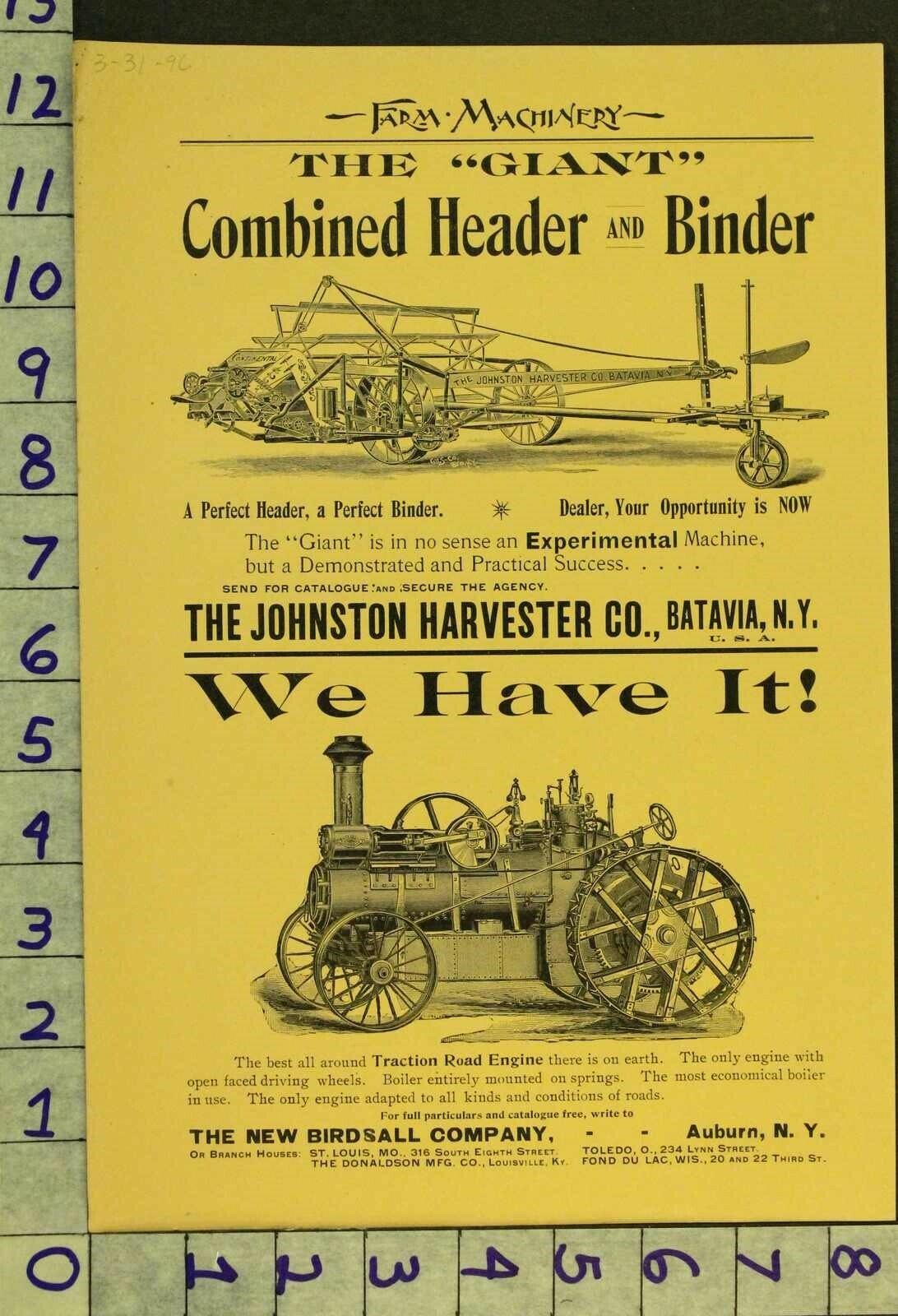 1896 AG FARM MACHINE JOHNSTON HARVESTER COMBINE BATAVIA ENGINE TRACTOR AD RR53