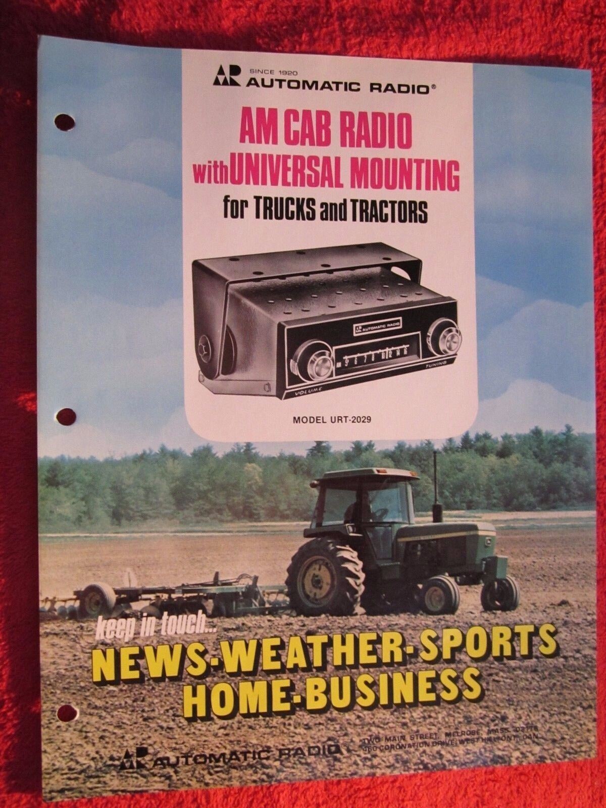 VINTAGE AUTOMATIC MODEL URT-2029 TRUCK & TRACTOR CAB RADIO BROCHURE