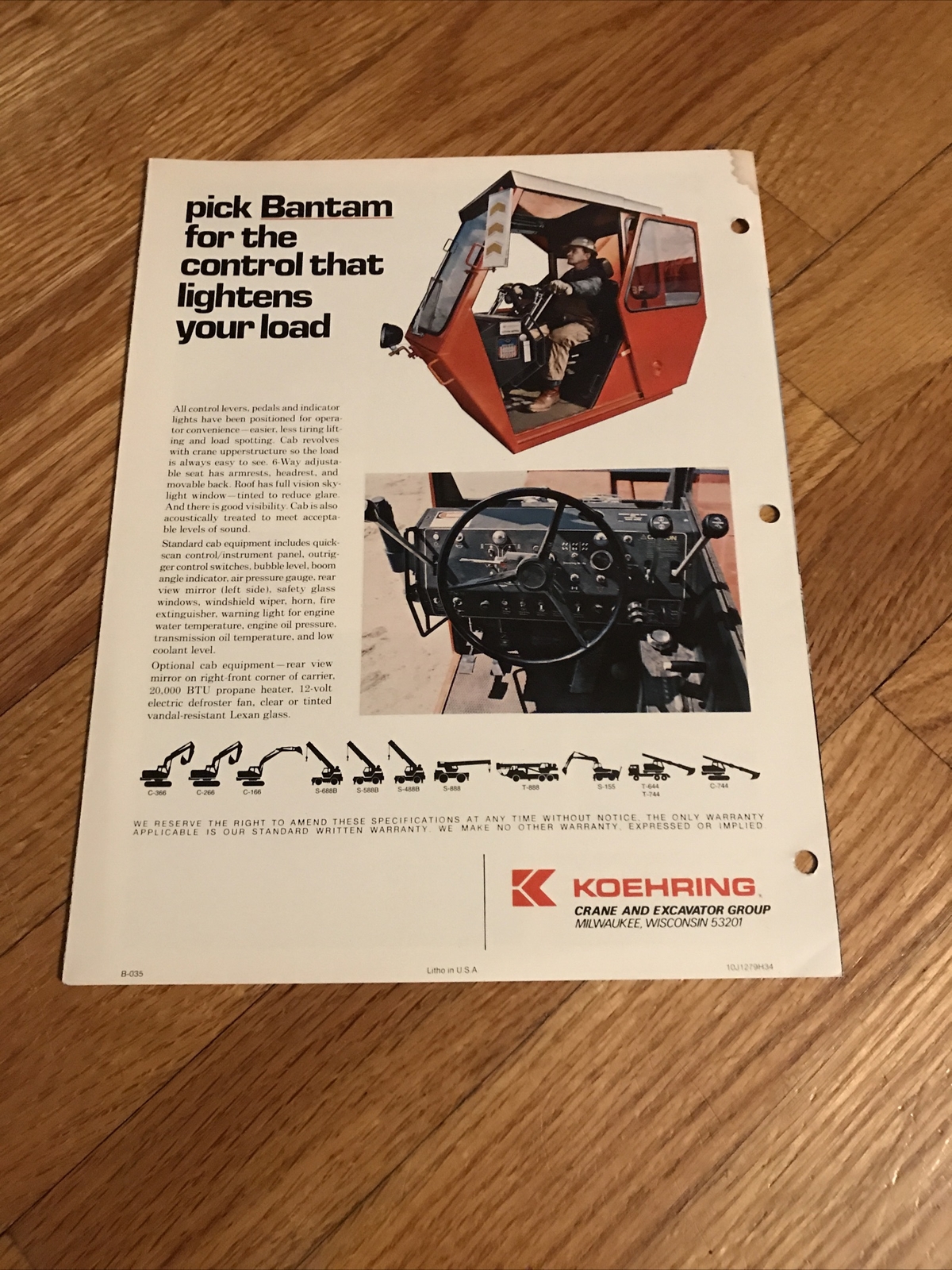 Original Koehring Bantam S488B rough terraincrane dealer sales brochure