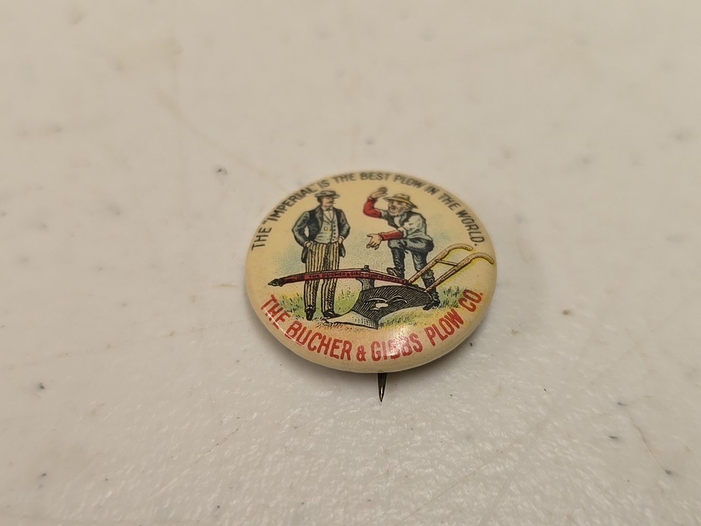 Antique 7/8″ Bucher & Gibbs Imperial Plow Advertising Celluloid Pinback