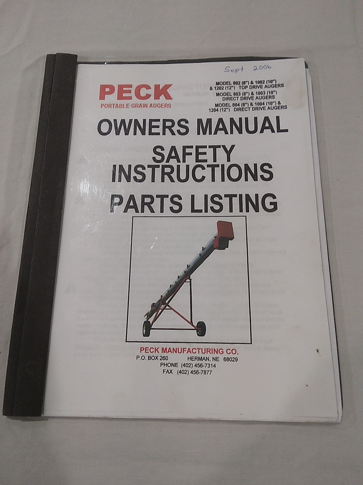 2096 Peck 802,803,804,1002,1003 & 1004 Grain Augers Owners Manual/Parts Listing