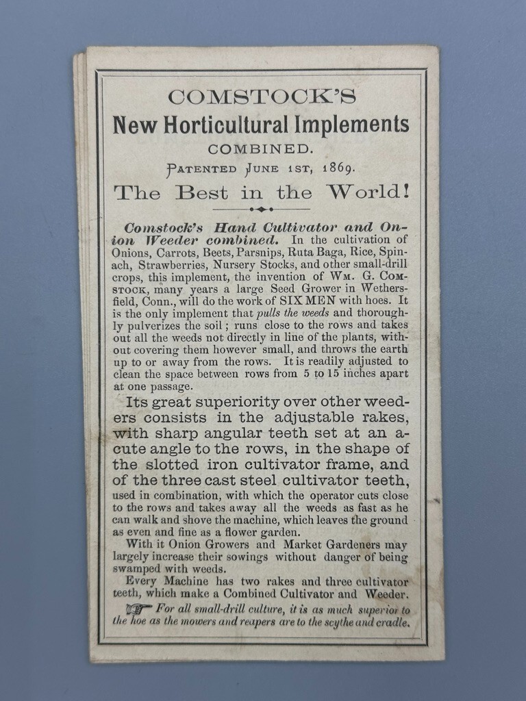 1870s COMSTOCK Cultivator Onion Weeder FARM Advertising EAST HARTFORD CONN