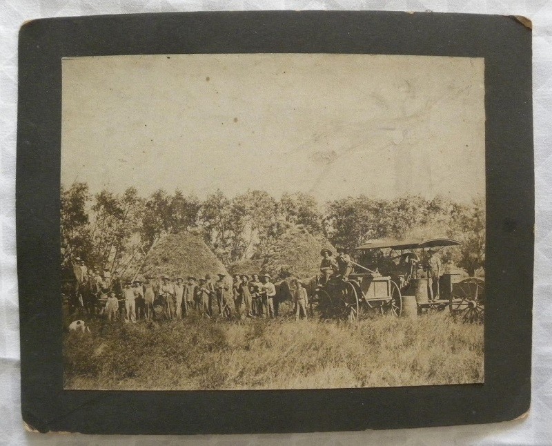 Early1900s Farmers Threshing, Many Men, Children, Straw Stacks 6″ x8″ Real Photo