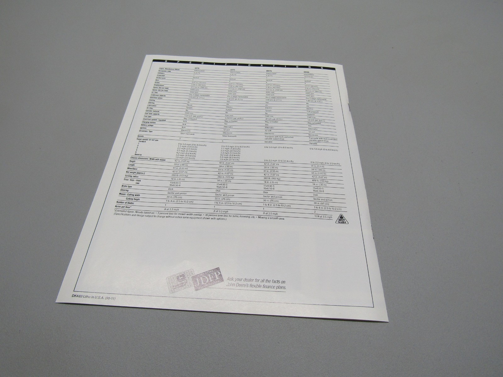 JOHN DEERE RIDER MOWERS GX70 GX75 SRX75 SRX95 DEALER SALES BROCHURE UNKNOWN YEAR