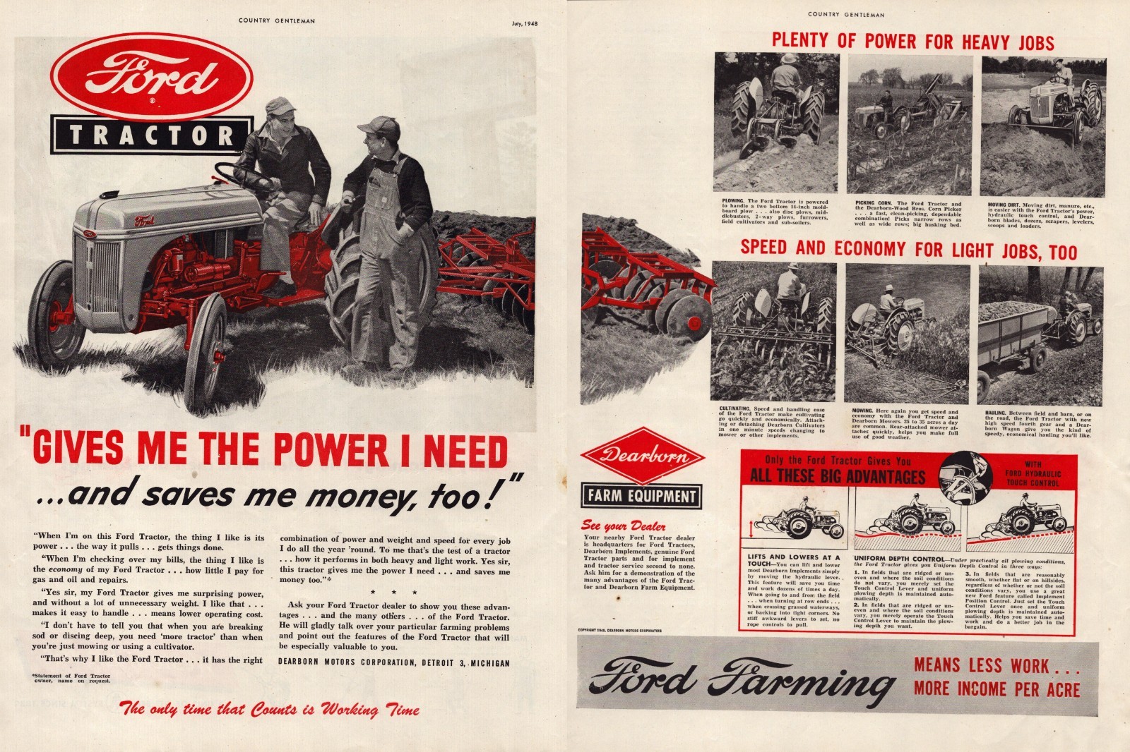 1948 Ford Tractor Farm Equipment Dearborn Michigan 40’s Vintage 2-Page Print Ad