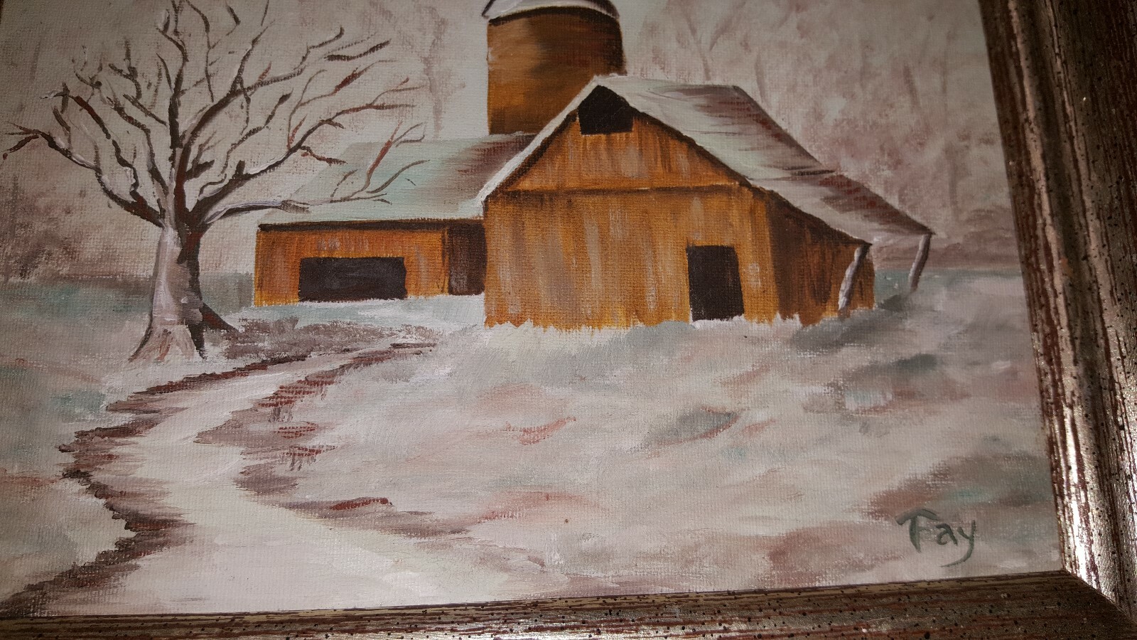 SIGNED PAINTING “FAY” OIL ON CANVAS IN FRAME FARM, BARN, MILL SCENE LOOK! WINTER