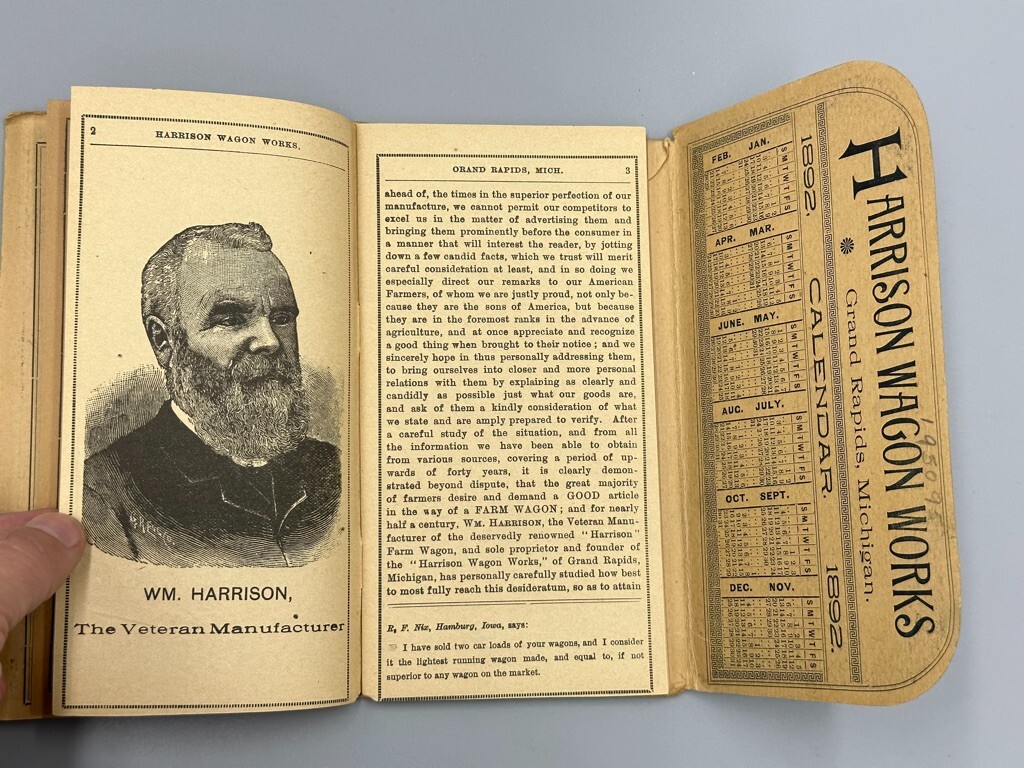 1892 HARRISON WAGON WORKS Machinery FARM Pocket Ledger GRAND RAPIDS MI Advertise