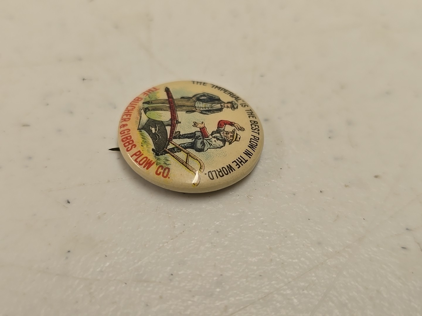 Antique 7/8″ Bucher & Gibbs Imperial Plow Advertising Celluloid Pinback