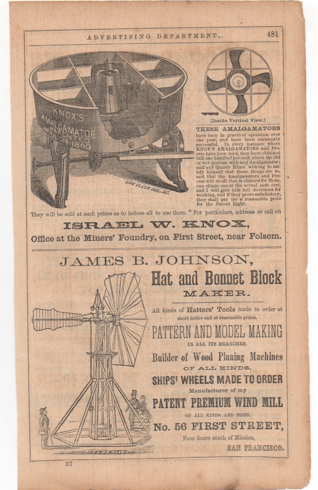 1870s Advertisement for James Johnson Maker of Ship’s Wheels, Windmills SF CA