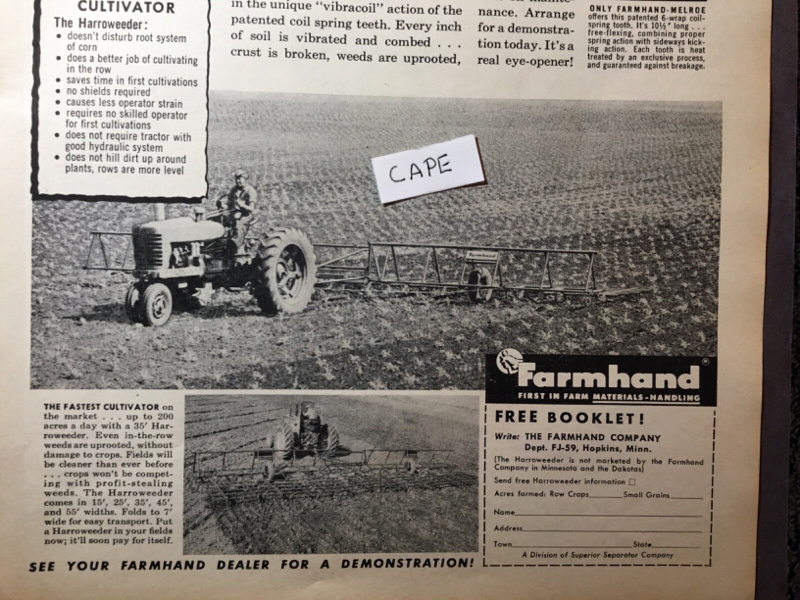 1959 Harroweeder 35’ Farmhand. Vintage 1959 Ad. Hopkins, Minnesota.