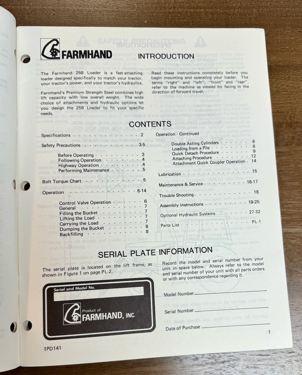 FARMHAND 258 Loader Manual Parts Operator’s Setup ETC