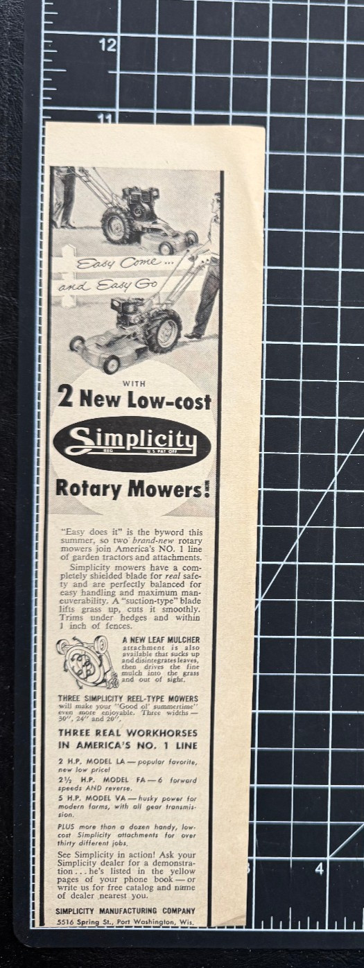 Simplicity Rotary Lawn Mowers Port Washington WI Workhorse Vintage Print Ad 1955