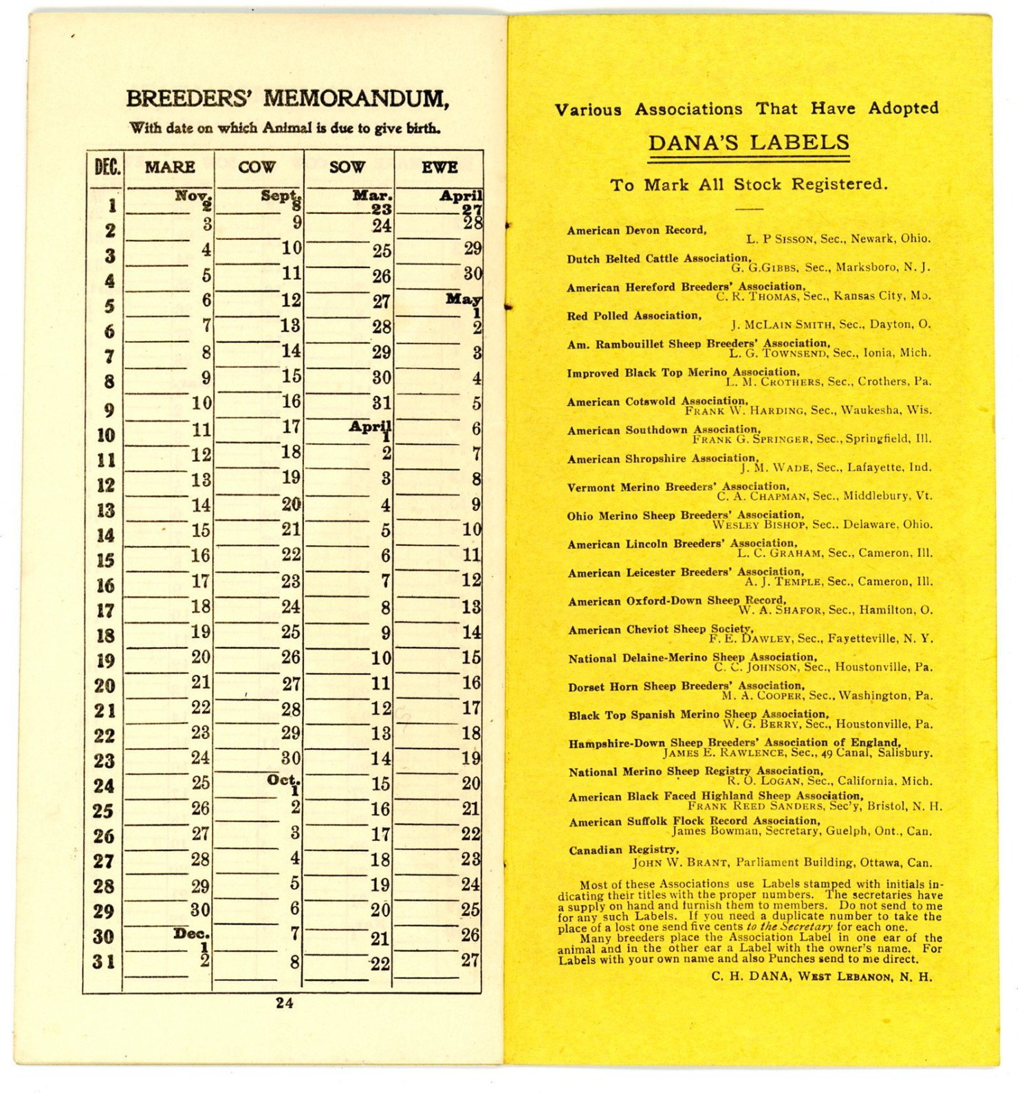 Dana’s Stock Labels & Breeder Memorandum C H Dana West Lebanon New Hampshire