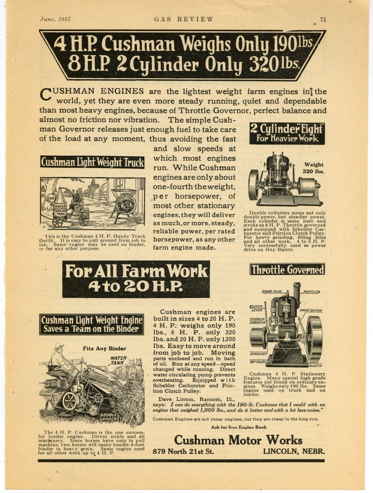1915 Cushman Motor Works Ad: Cushman Gas Engines – Lincoln, Nebraska