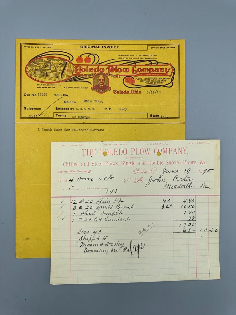 1890 & 1910 TOLEDO PLOW Ohio FARM Advertising Invoice