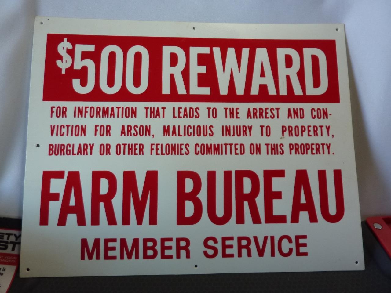 Farm Bureau Member Plastic Sign $500 Reward 11″x14″ – FREE SHIPPING